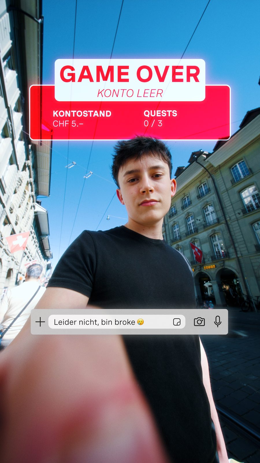 Standbild aus dem BEKB-Jugendkonto-Spot: Game Over, Konto leer
