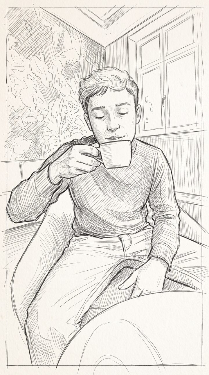 Skizze und Dreh: Der Impuls-Käufer mit dem Kaffee im Café